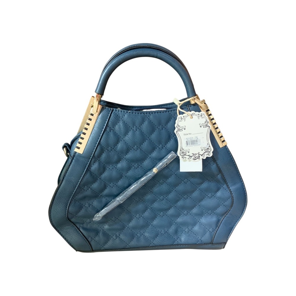 Alyssa Vegan Faux Leather Quilted Satchel Handbag Blue Gold Hardware